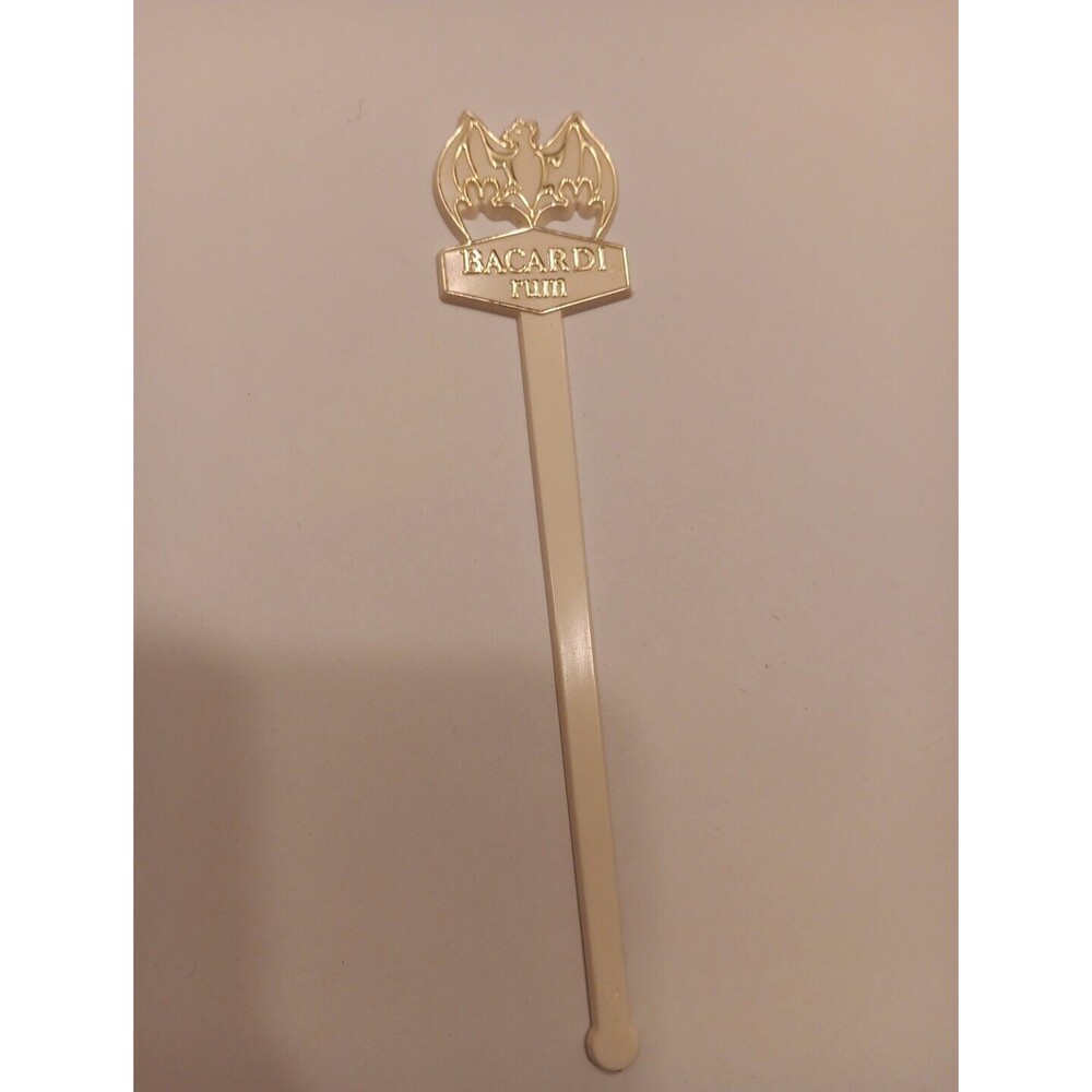 Bacardi Swizzle Stick Drink Stirrer Bat Logo White & Gold-trim  6 inches